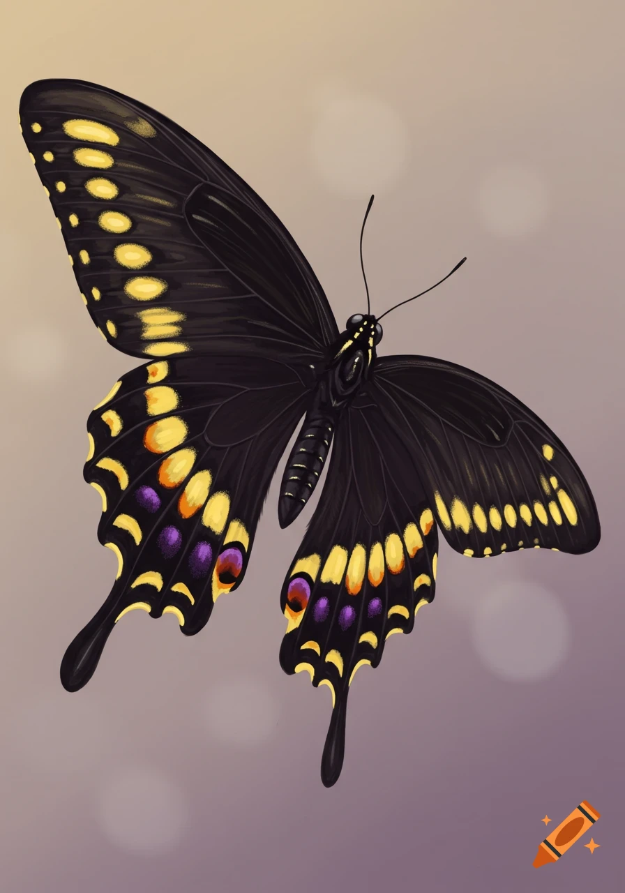 Stylized black butterfly with yellow and purple markings against a blurry background.