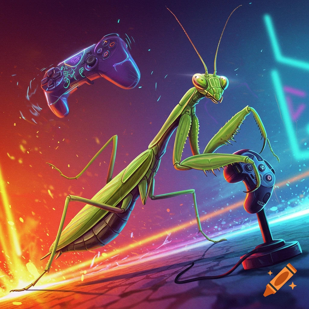 A praying mantis plays video games, holding one controller while another floats nearby in a vibrant, abstract gaming-themed background.