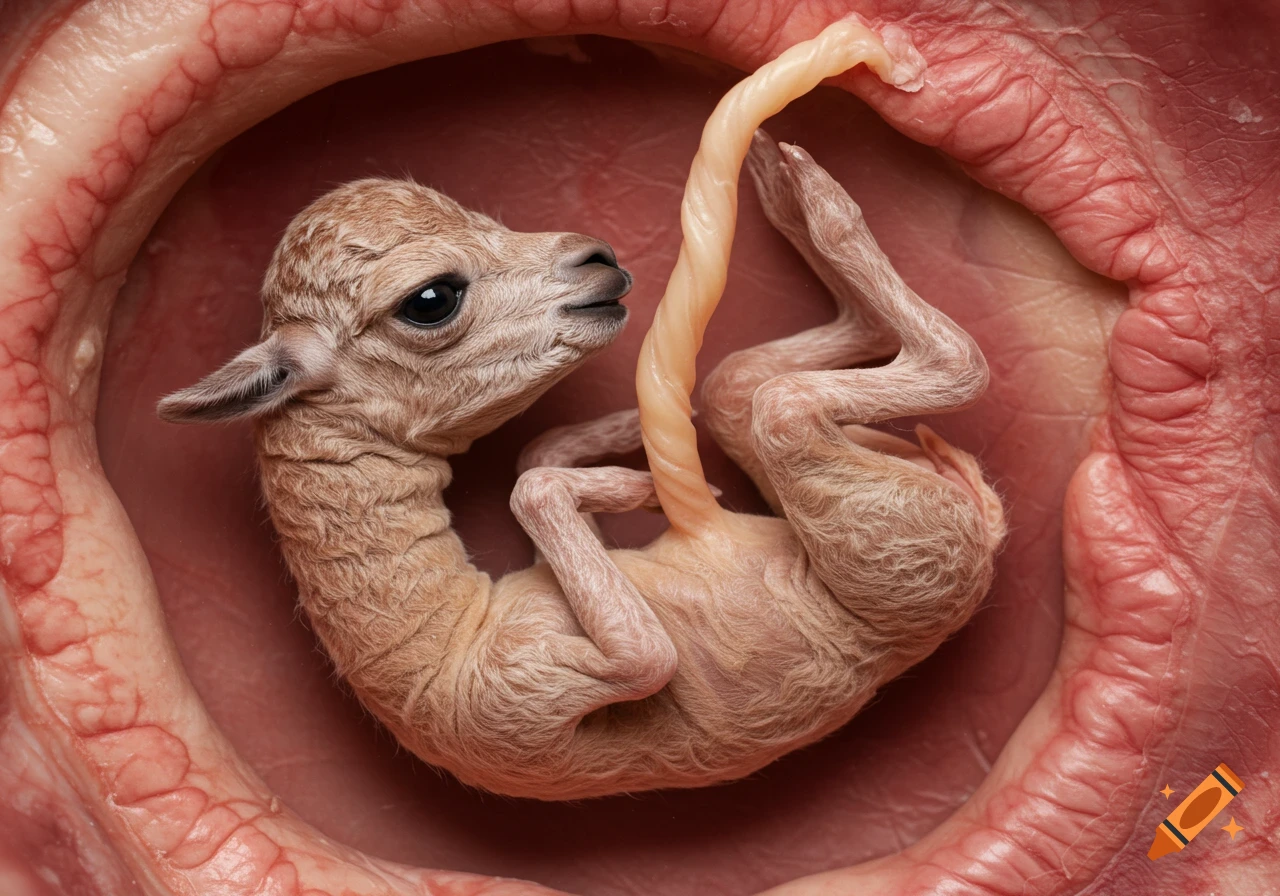 Photorealistic image of a llama fetus in a womb with umbilical cord.