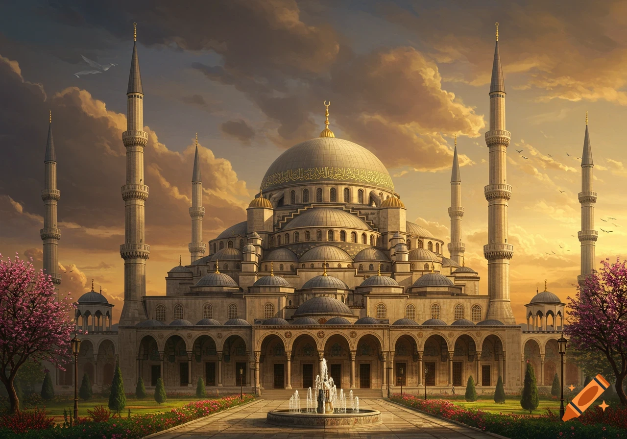 Baroque-style mosque with ornate dome and minarets at sunset, with a fountain and gardens in the foreground.