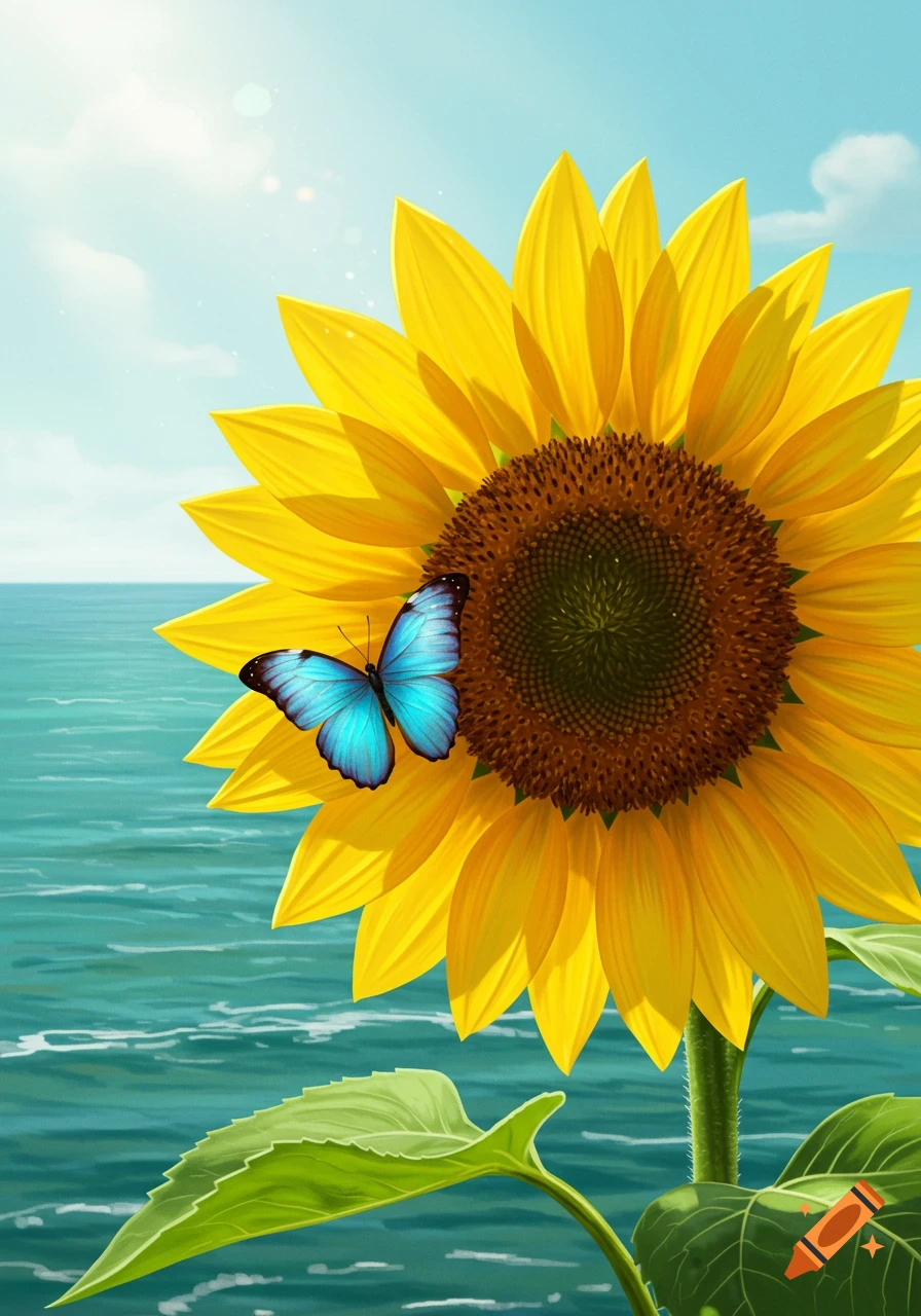 A blue butterfly rests on a vibrant yellow sunflower near the ocean in a sunny illustration.