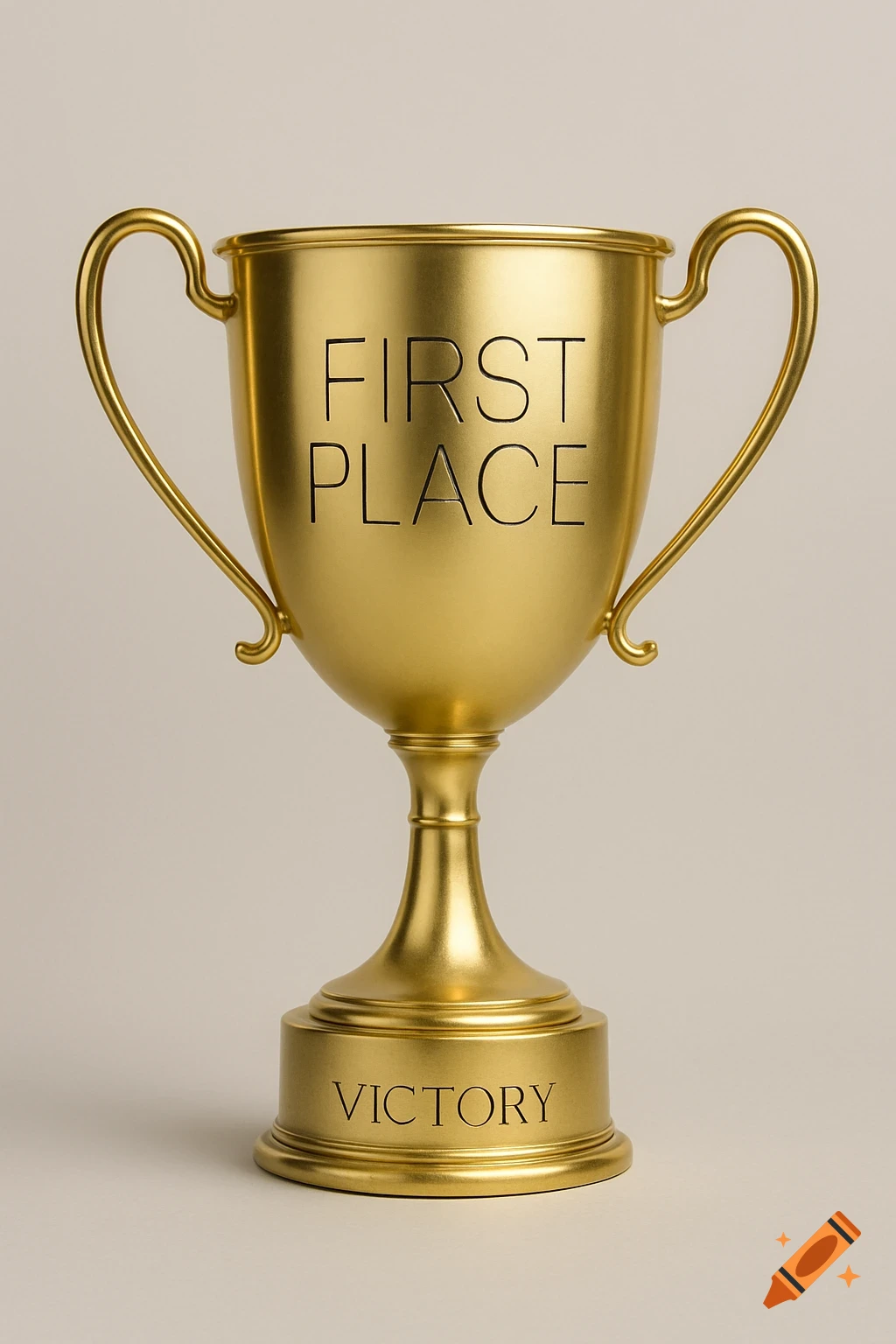 A golden trophy with 'FIRST PLACE' on the cup and 'VICTORY' on the base.