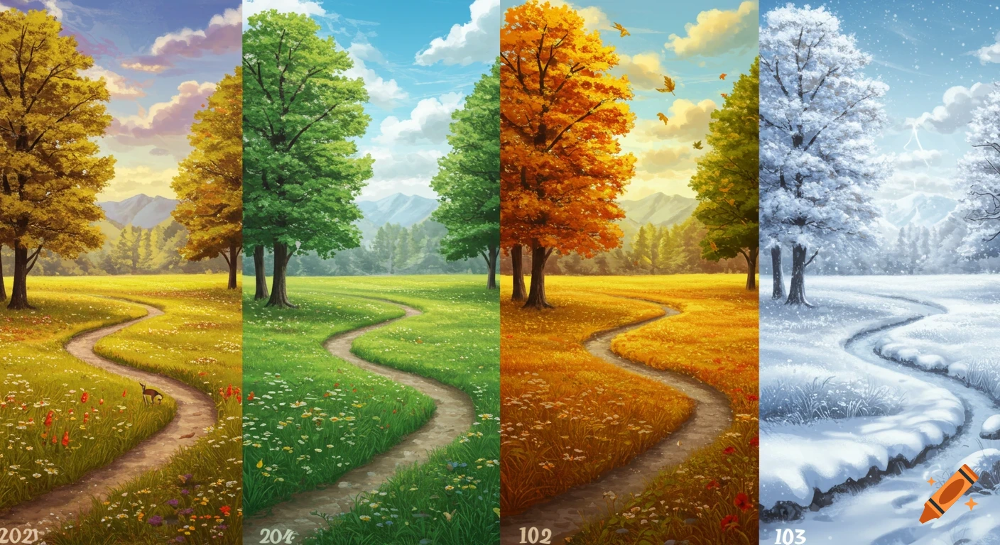 Four panels show a landscape path through meadows changing with the seasons: early autumn, summer, peak autumn, and winter.