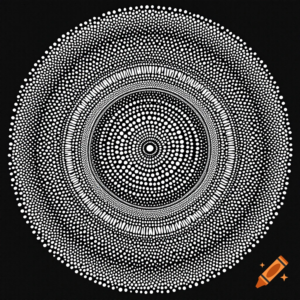 Black and white circular mandala pattern made of dots.