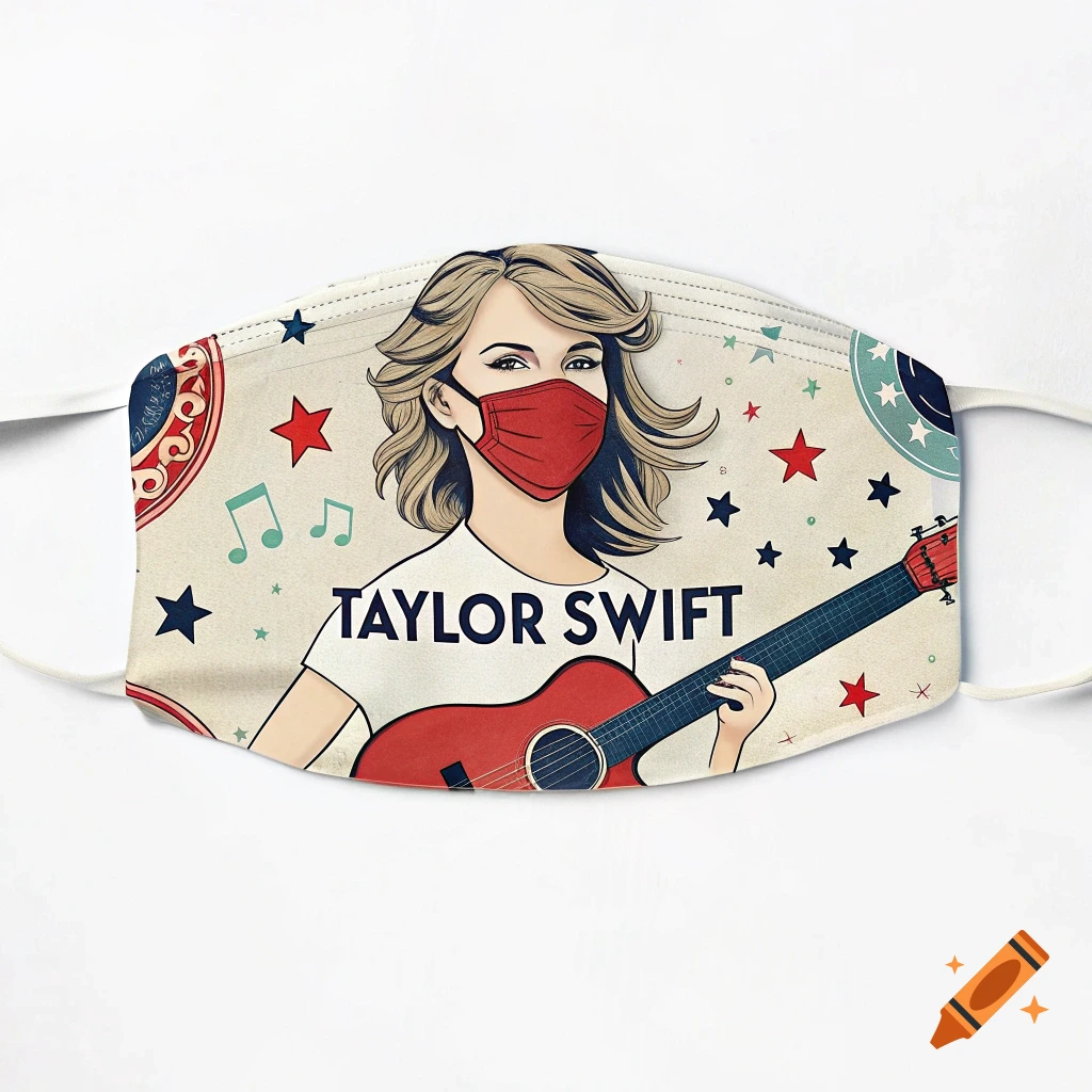 Cartoon illustration on a face mask showing Taylor Swift in a red mask holding a guitar, with stars and music notes