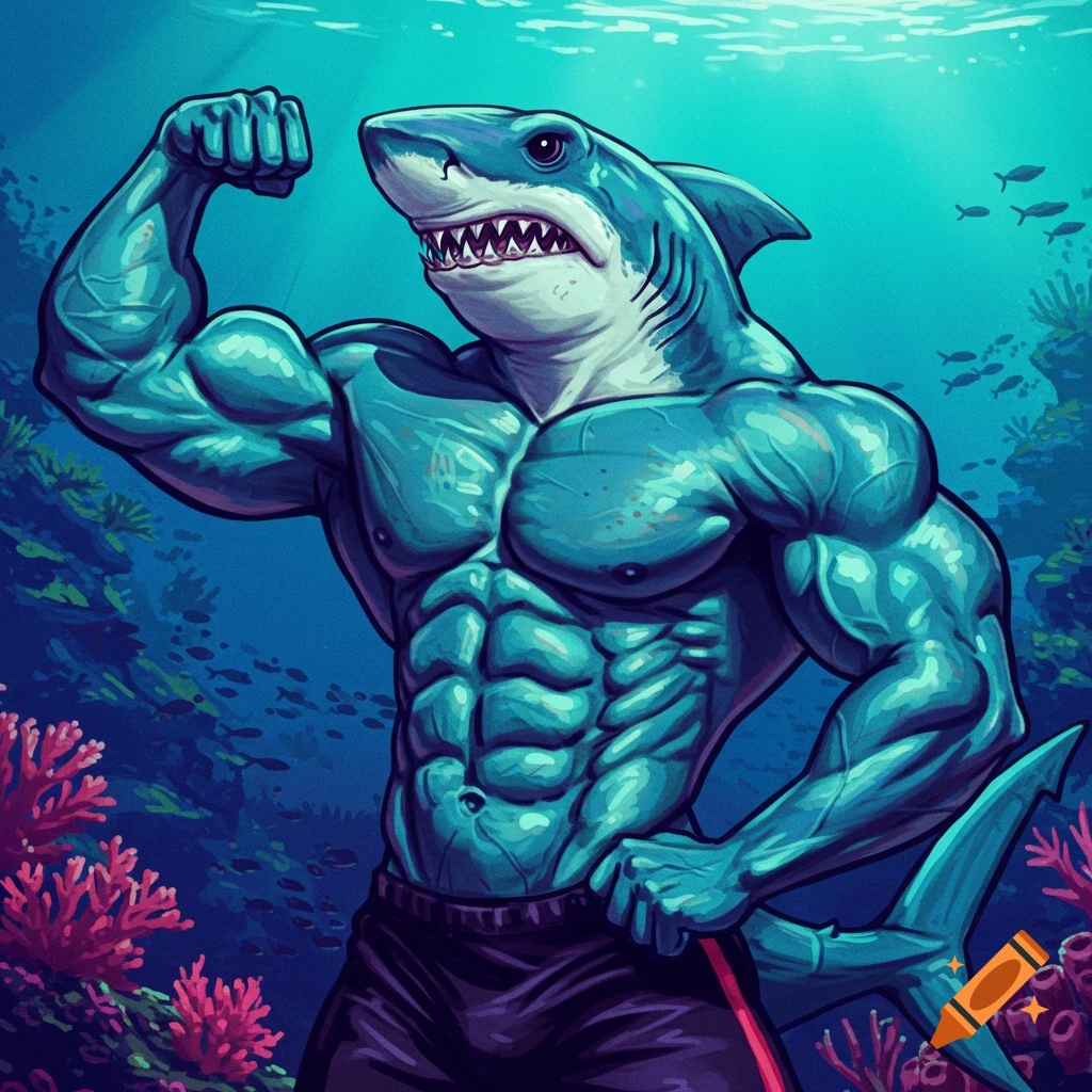 Illustration of a muscular shark flexing its bicep underwater.