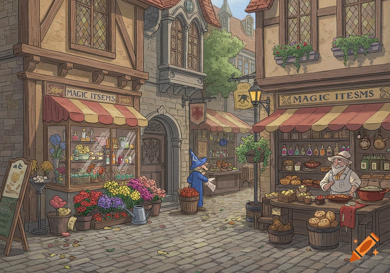 Cartoon drawing of a medieval town square with shops and people.