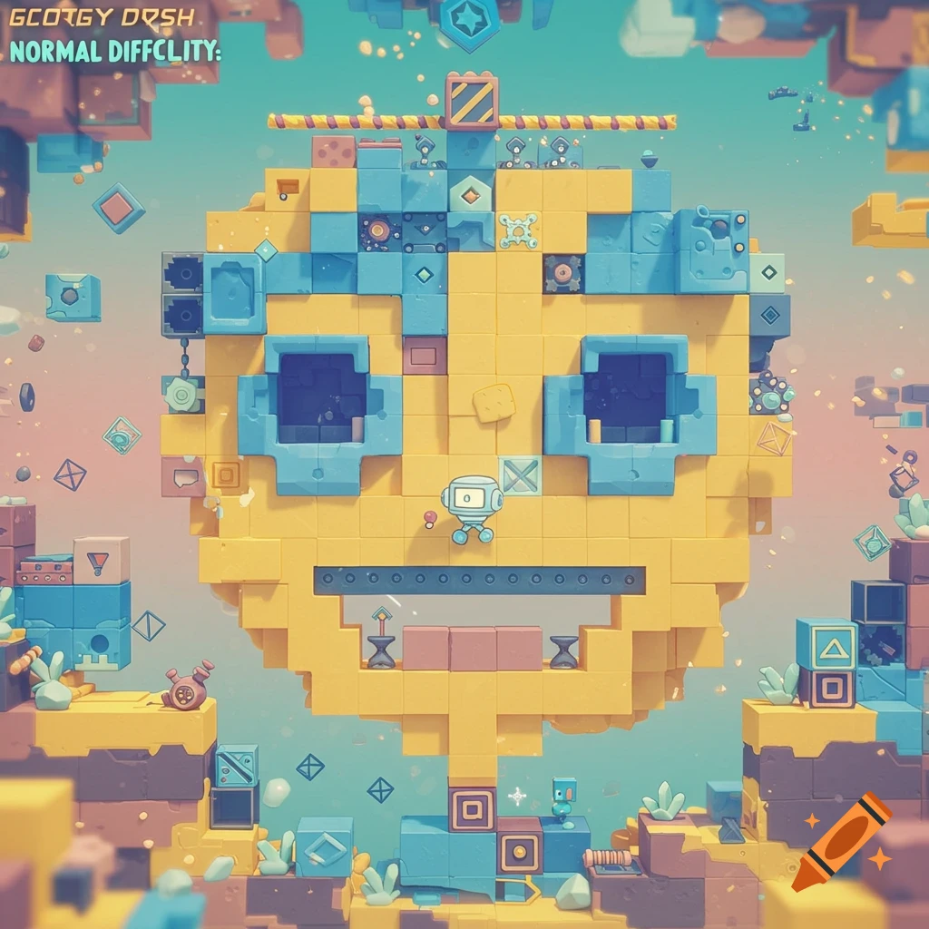 Stylized voxel art of a large blocky face resembling a video game character, surrounded by floating platforms and blocks.