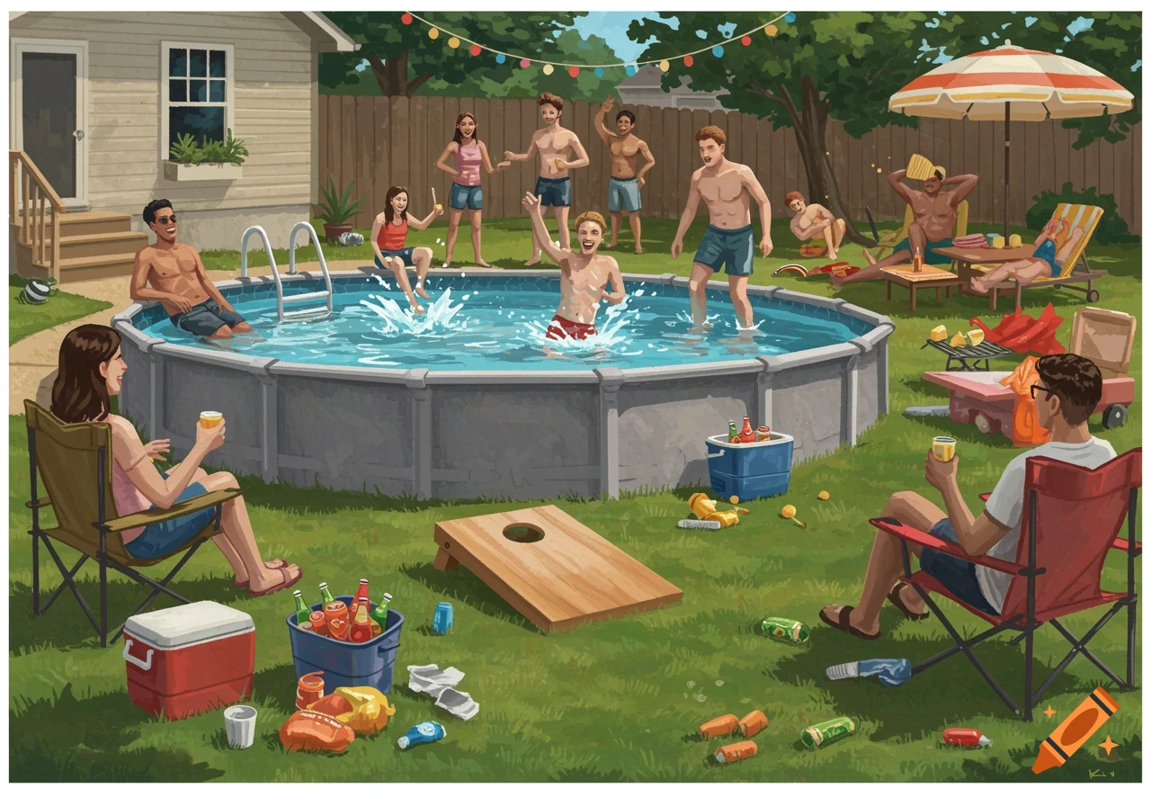 An illustration of a backyard summer cookout and pool party with people swimming, playing cornhole, and relaxing.