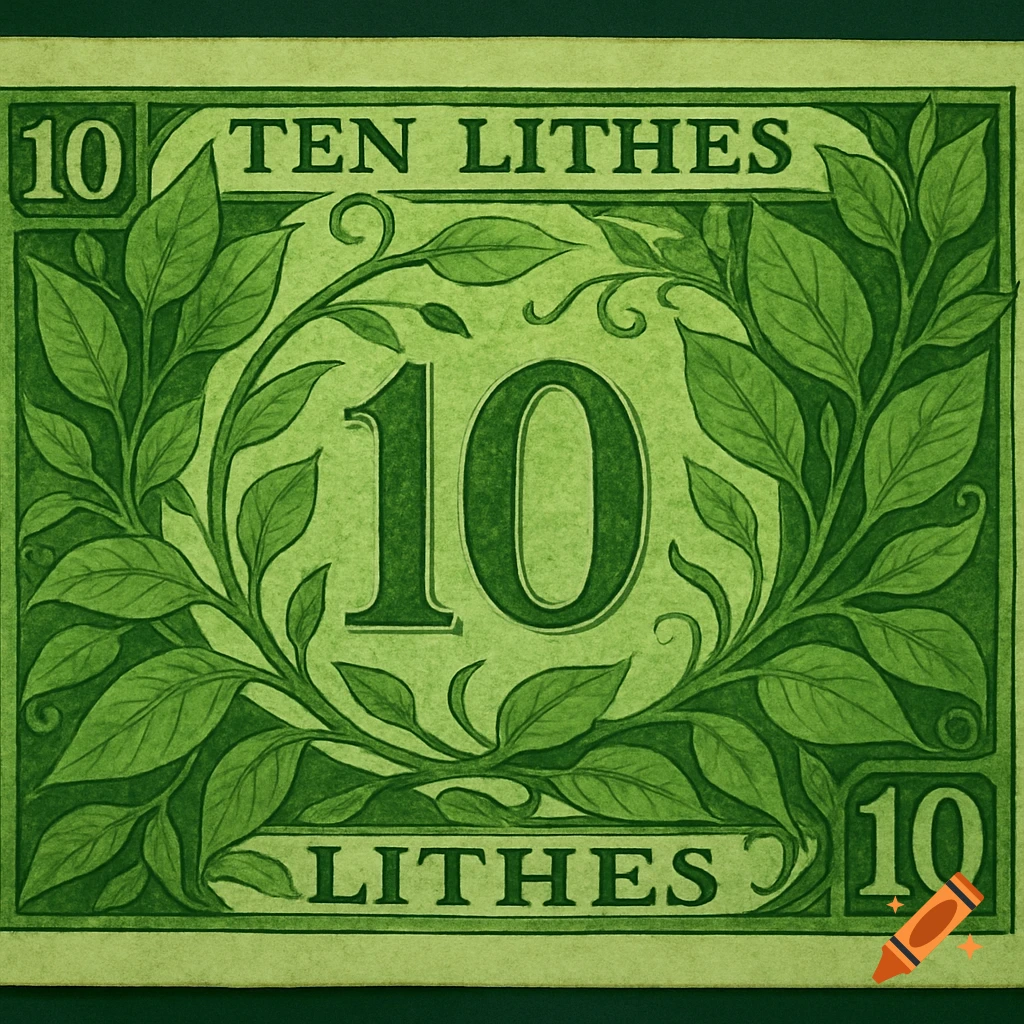 Green banknote design with leaves and vines featuring '10' and 'TEN LITHES'.