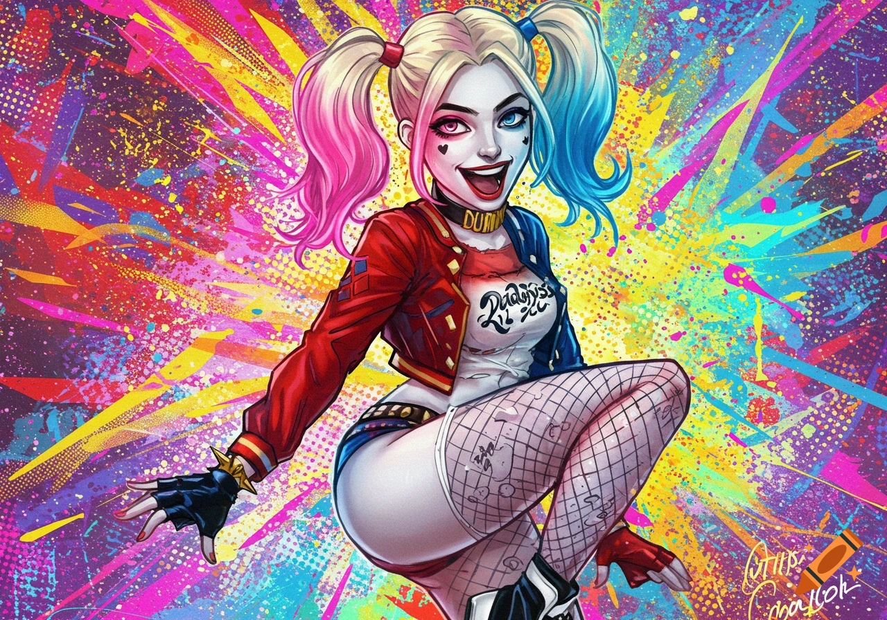 Harley Quinn illustration in a dynamic pose with colorful background.