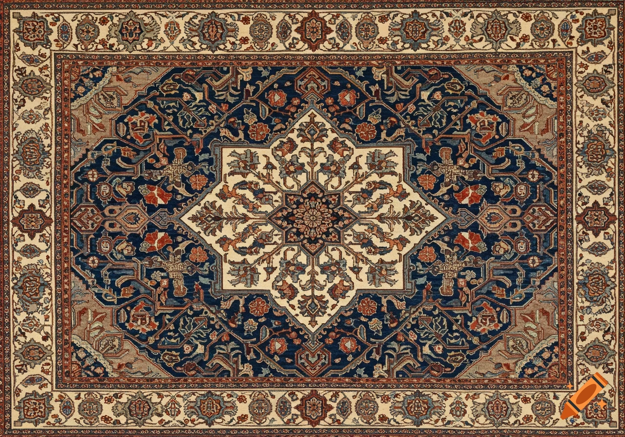 A detailed Persian rug with a complex central medallion and floral patterns in blue, red, and cream.