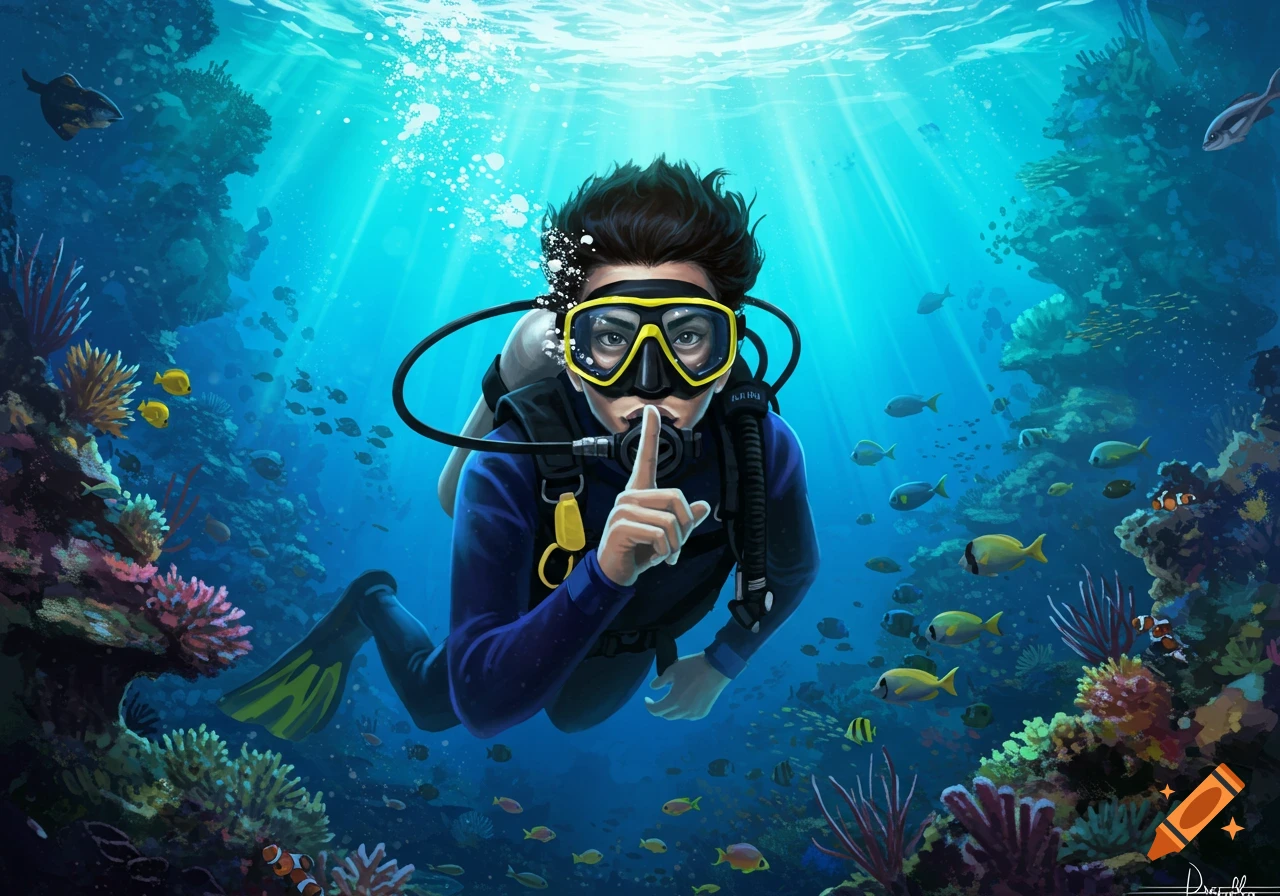A scuba diver with a mask makes a shushing gesture underwater surrounded by colorful fish and coral.