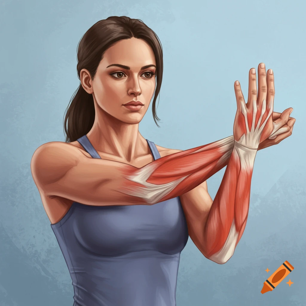 Anatomical illustration of a woman stretching her arm, showing wrist extensor muscles.