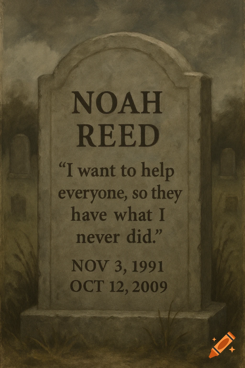 A drawing of a tombstone with the name Noah Reed, dates, and a quote inscribed.