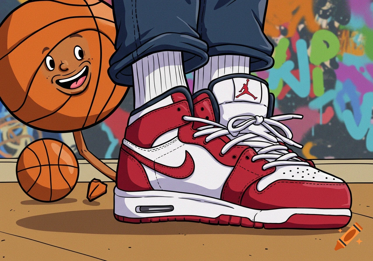 Cartoon of a person wearing red and white Jordan shoes, standing next to a basketball character dribbling, with graffiti background.