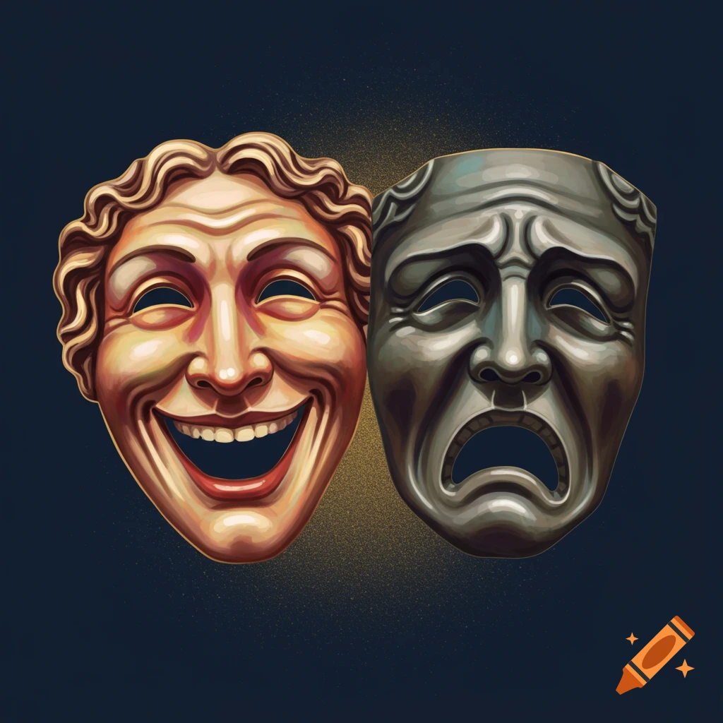 Gold comedy mask and silver tragedy mask on a dark background.