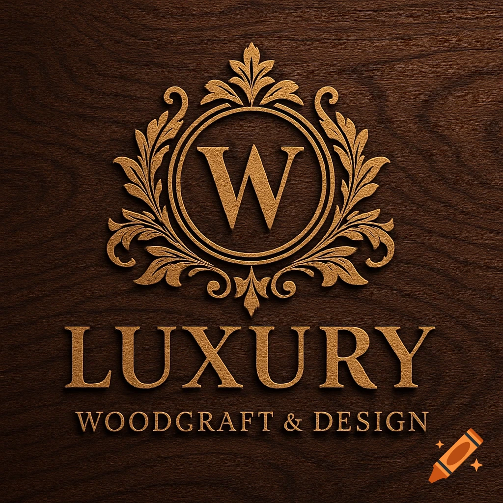Gold logo with W and Luxury Woodcraft & Design on dark wood texture.
