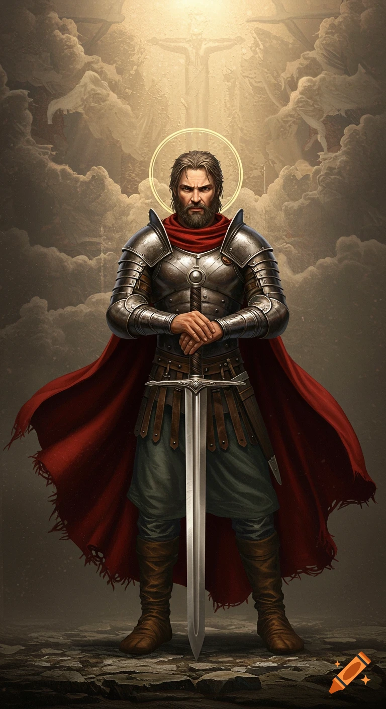 A solemn knight in intricate armor and a red cape stands holding a sword, beneath a halo and a bright crucifix in the clouds.