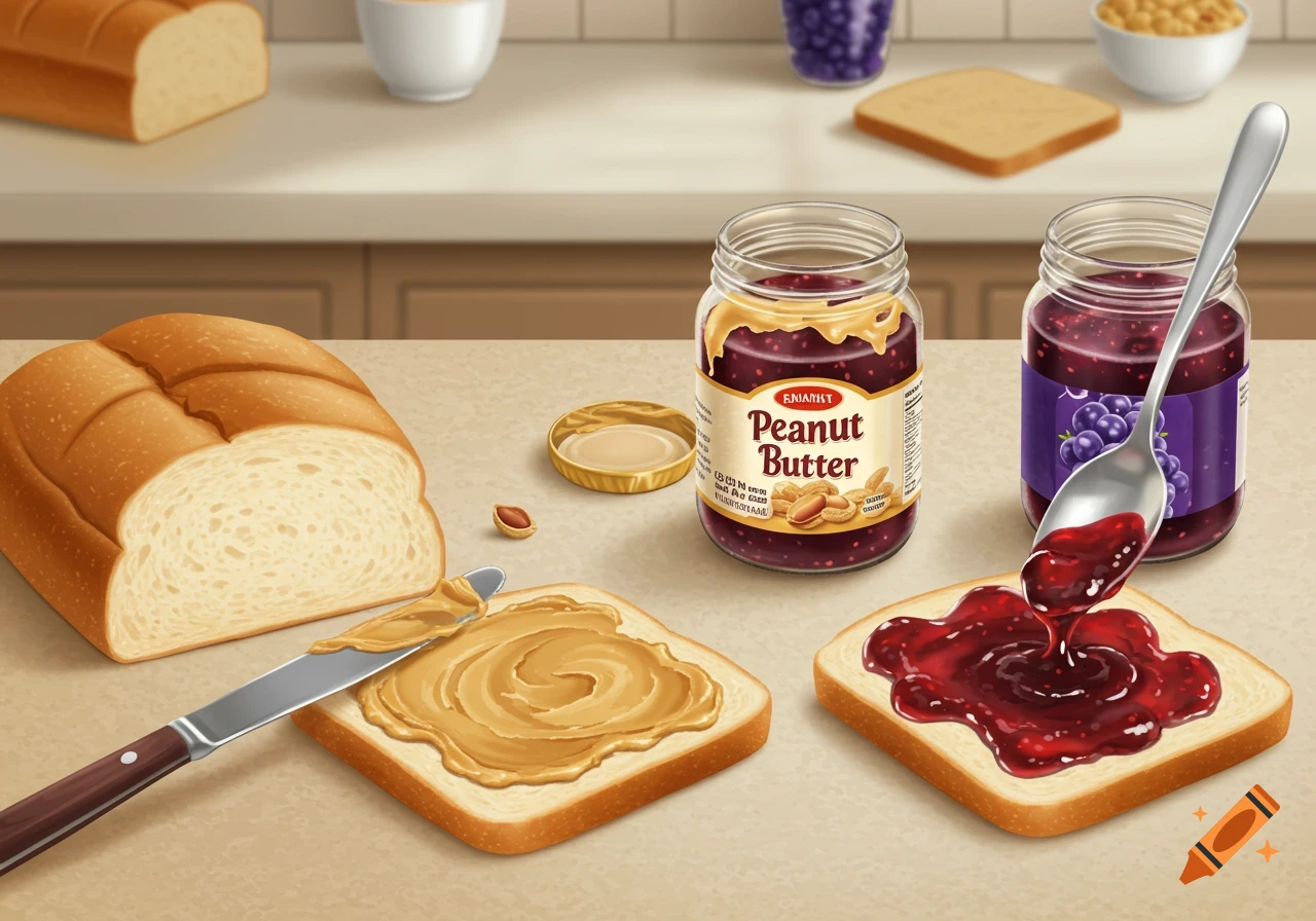 Making a peanut butter and jelly sandwich on a kitchen counter with bread, jars, and spreading knives.