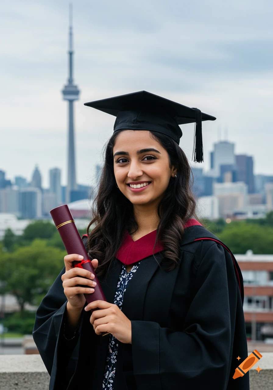 A smiling young woman in a graduation cap and gown holds a diploma with a city skyline in the background.