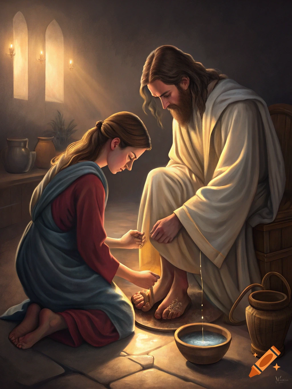 A woman kneels washing the feet of a seated man in a dramatic, low-lit biblical scene painting.