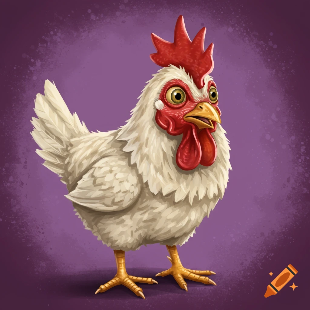 A cartoon white chicken with a surprised expression stands on a purple background.
