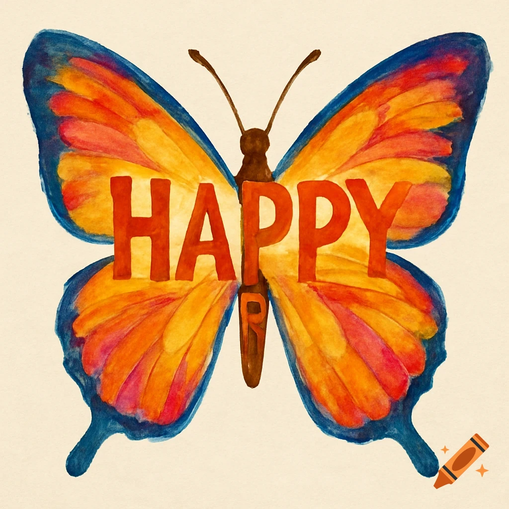 Watercolor illustration of a butterfly with the word HAPPY on its wings.