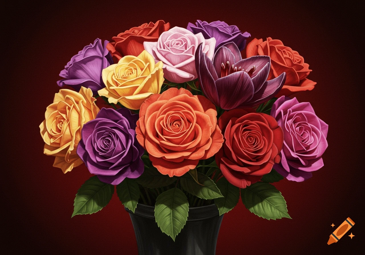A vibrant bouquet of roses and other flowers in various colors, rendered in a pastel painting style.
