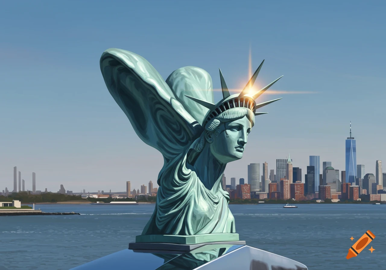 Surreal depiction of the Statue of Liberty with Spirit of Ecstasy wings in front of the New York City skyline.