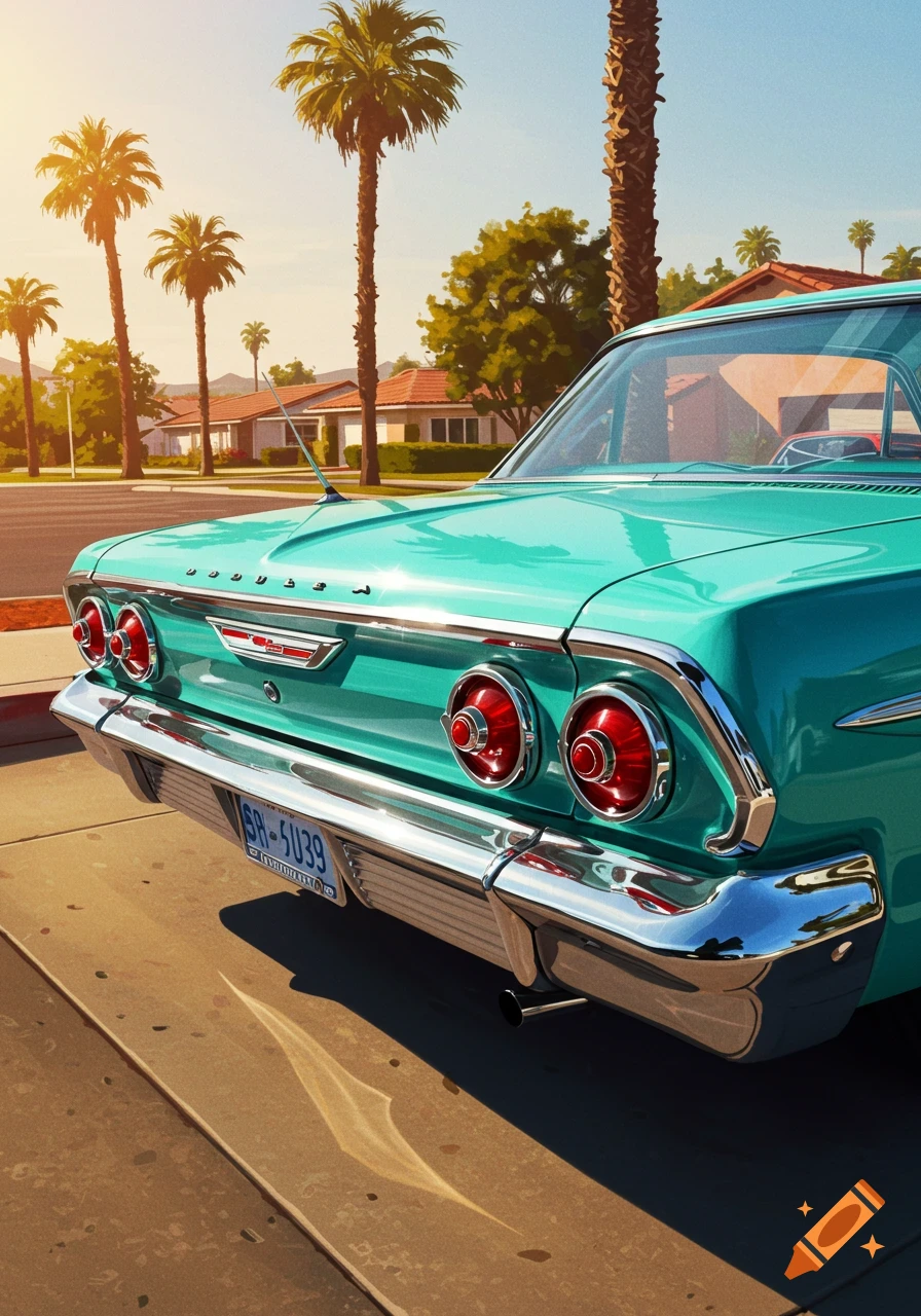 A teal 1961 Impala parked on a street with palm trees and houses in the background, digital art.