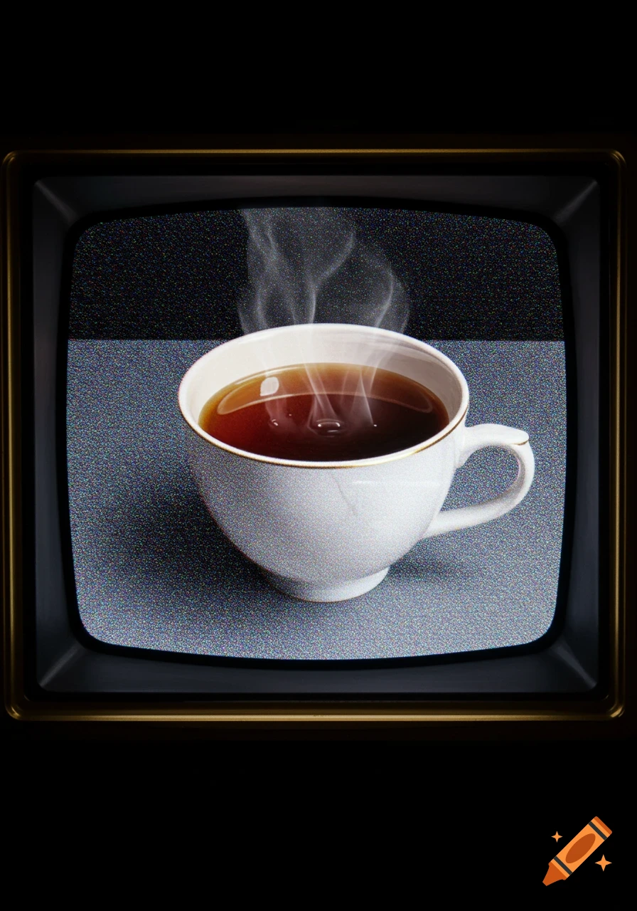A cup of steaming tea displayed on an old television screen.