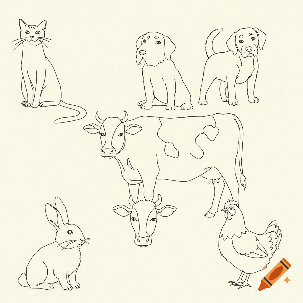 Line art drawing of a cat, two dogs, a cow, a rabbit, and a chicken.