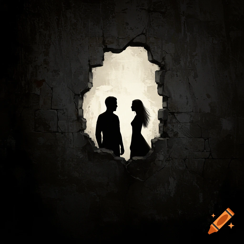 Silhouettes of a man and woman standing in a hole in a dark, crumbling wall.