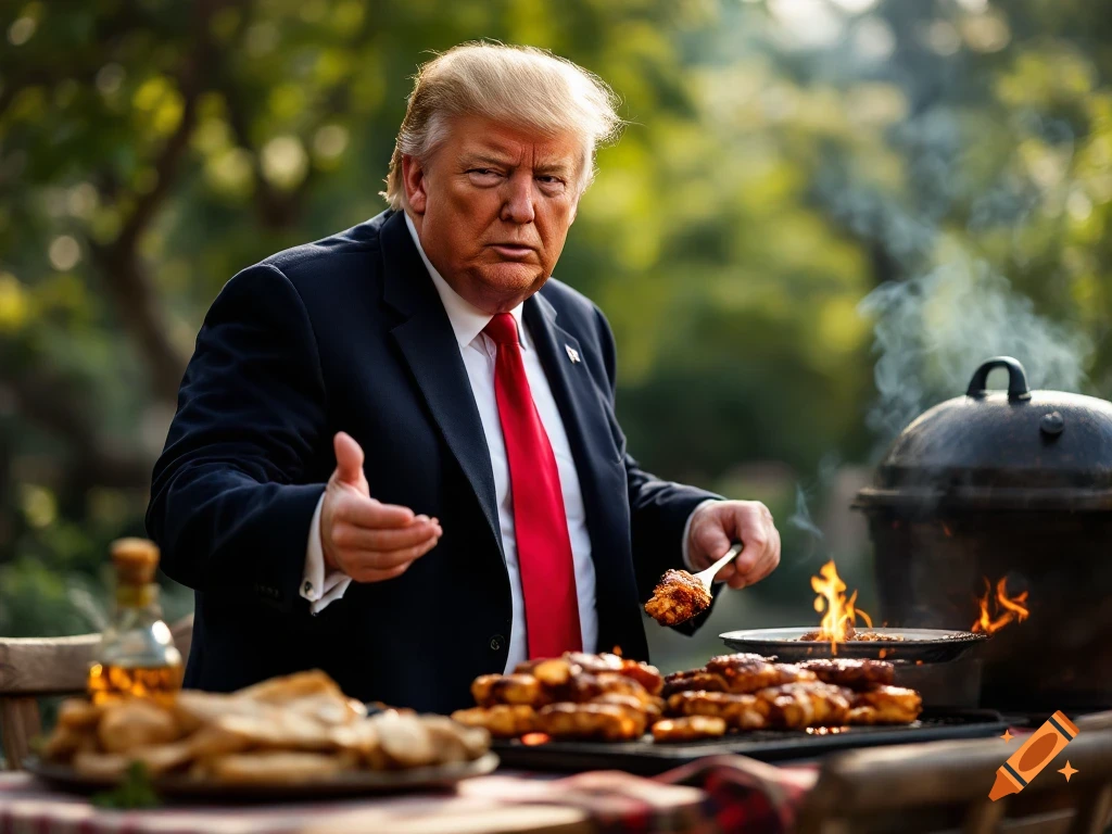 Photorealistic image of Donald Trump in a suit at an outdoor barbecue, holding food with a fork over grilled meat.
