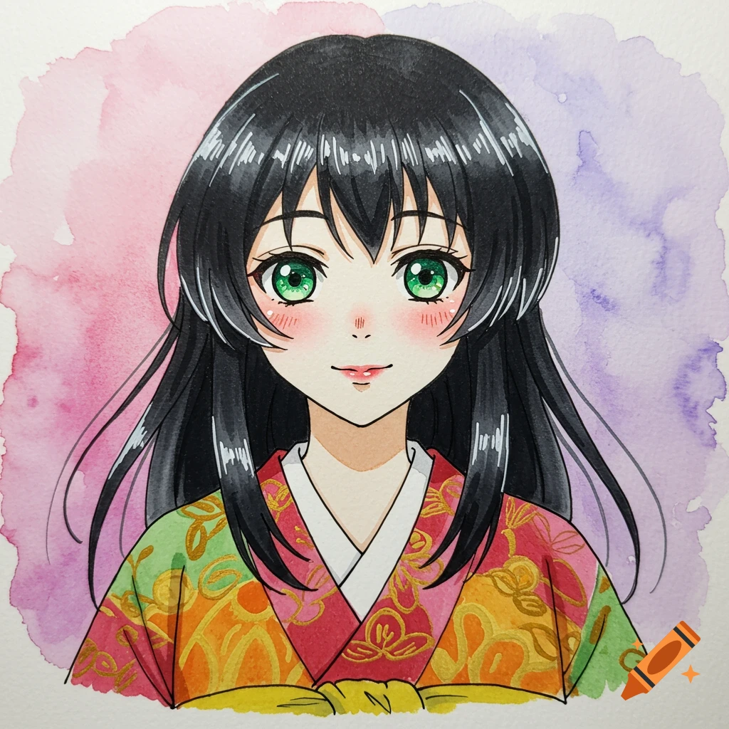 Anime girl in a colorful kimono portrait