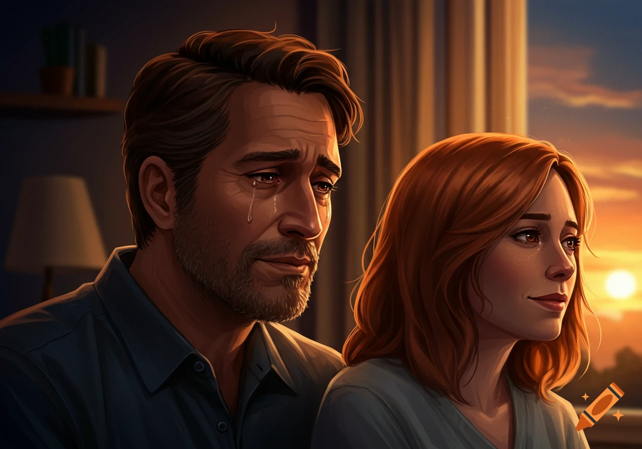 A man with tears looks at a woman with devotion in a digital painting style with a sunset background.
