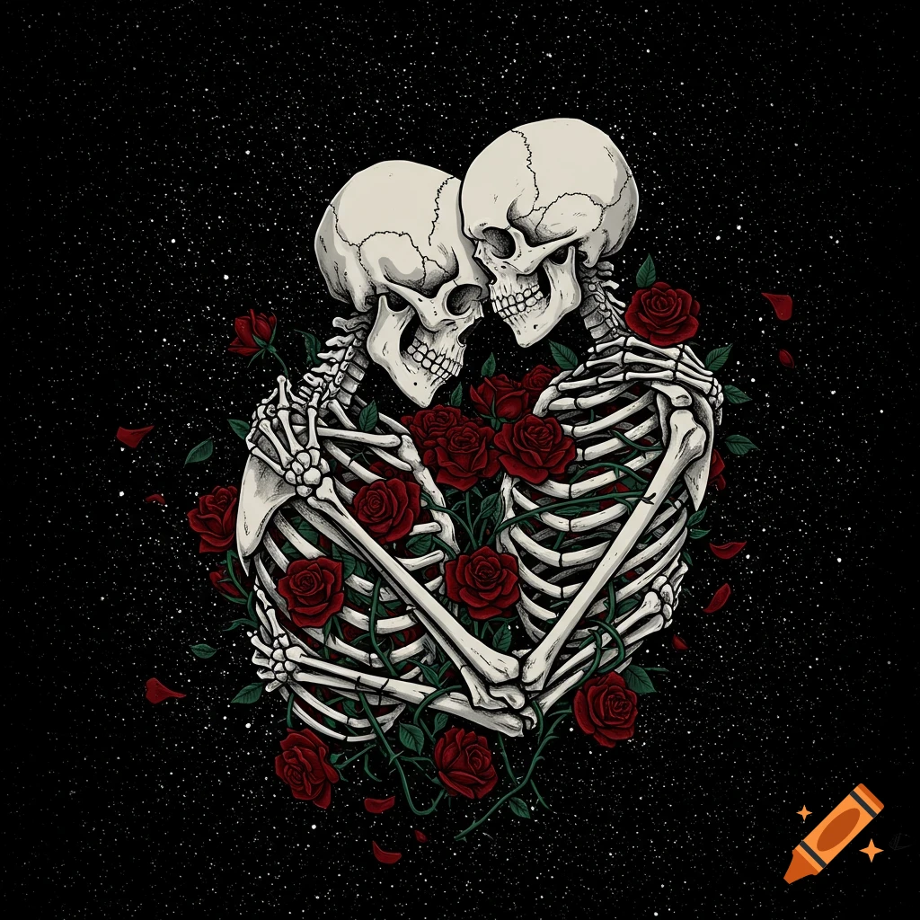 Two skeletons embrace, surrounded by red roses against a starry black background, in an illustration style.