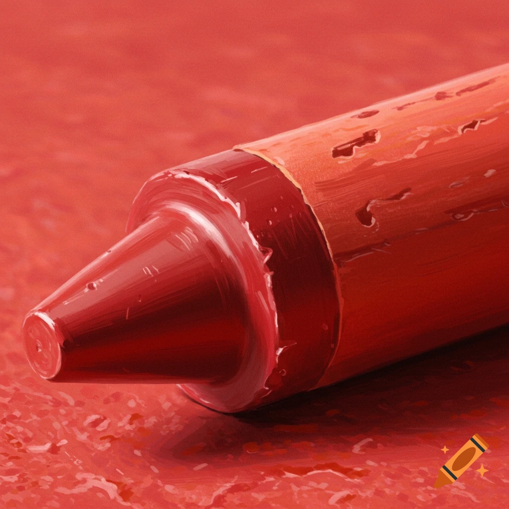 Close-up painting of a red crayon on a matching red surface.