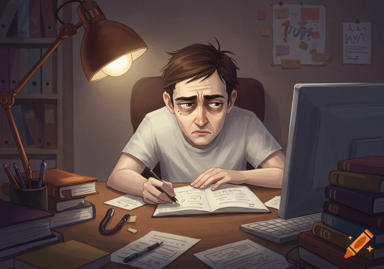 Illustrative drawing of a tired man writing at a messy desk under a lamp, surrounded by books and papers.