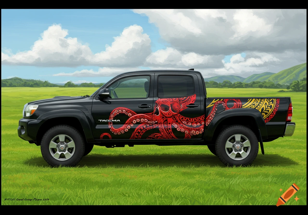 Black pickup truck with red octopus skull and tribal tattoo design in a grassy field