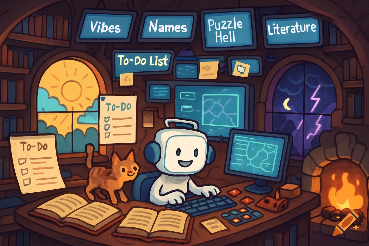 Cartoon robot and cat at a desk with screens labeled 'To-Do List', 'Vibes', 'Names', 'Puzzle Hell', 'Literature', windows show day and night.
