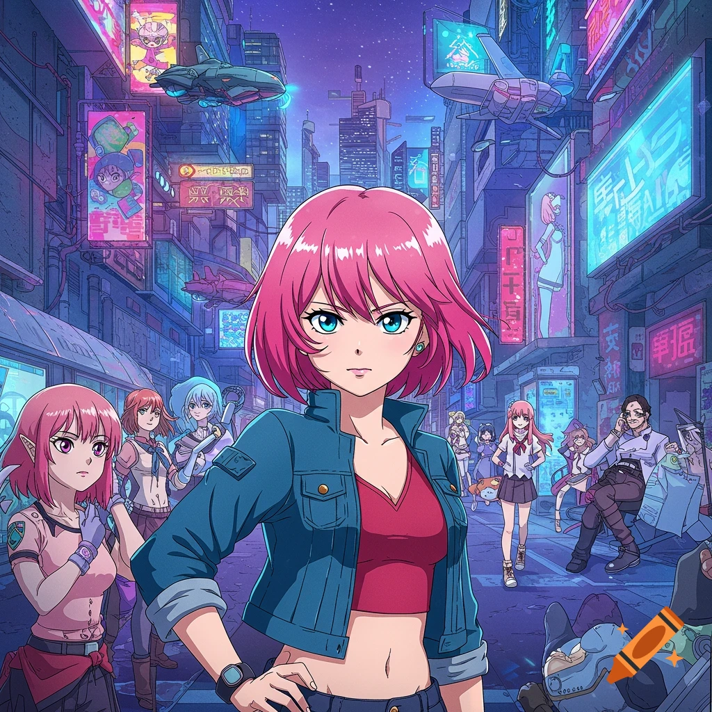 Anime characters walk down a futuristic city street with neon signs.