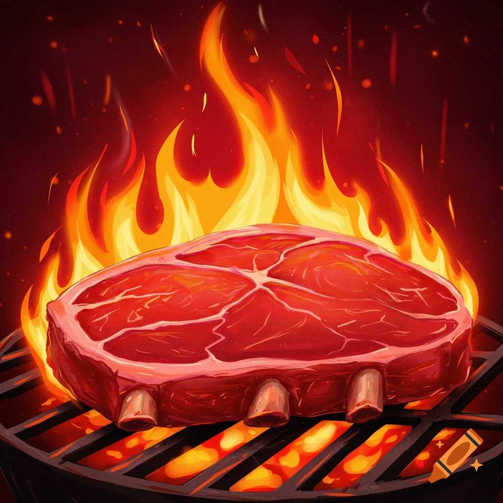 A raw steak with bones on a grill surrounded by large flames, illustrated style.