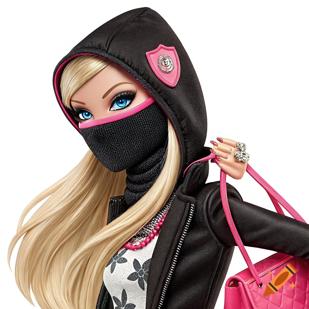 A blonde doll wearing a black hoodie and mask carries a pink bag.