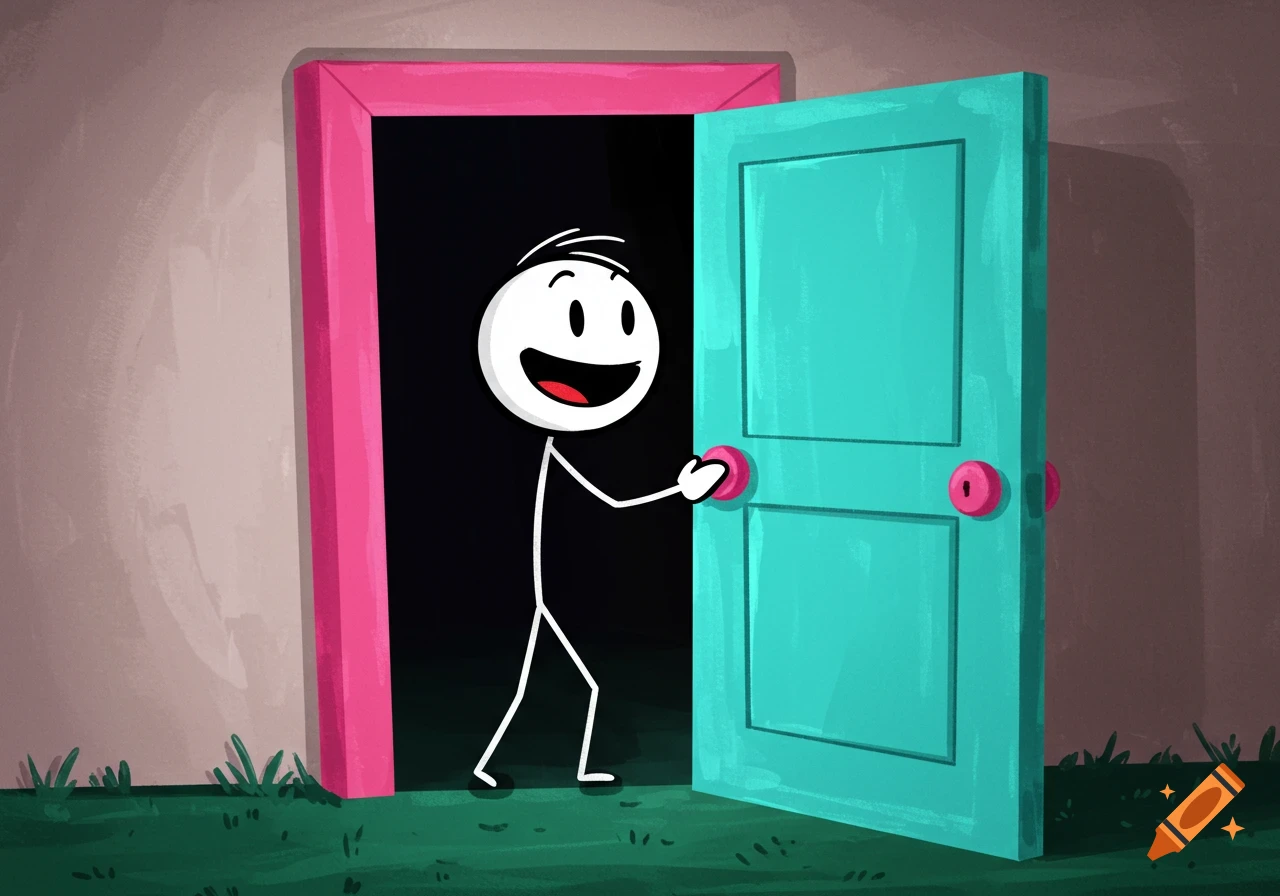 A cartoon stick figure opens a teal door with pink knobs.
