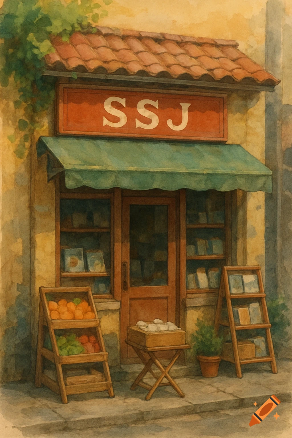 Watercolor painting of a small shop with an SSJ sign, green awning, fruit crates, and book display.