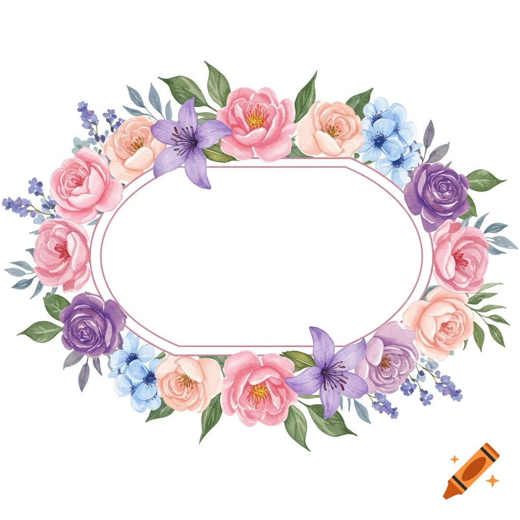 Watercolor floral frame with pink, peach, purple, and blue flowers around an oval shape on a white background.