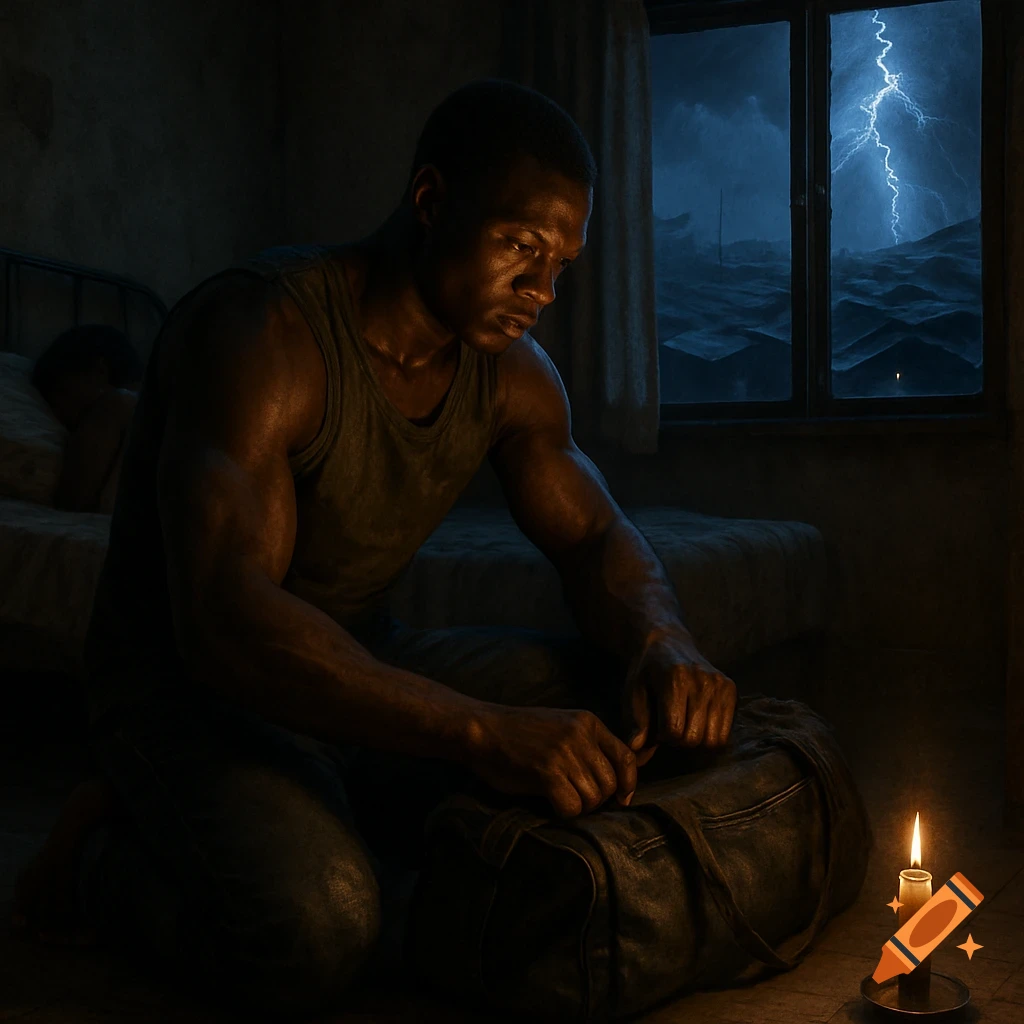 Man kneels by candlelight, packing a bag during a stormy night. Someone sleeps in the background.