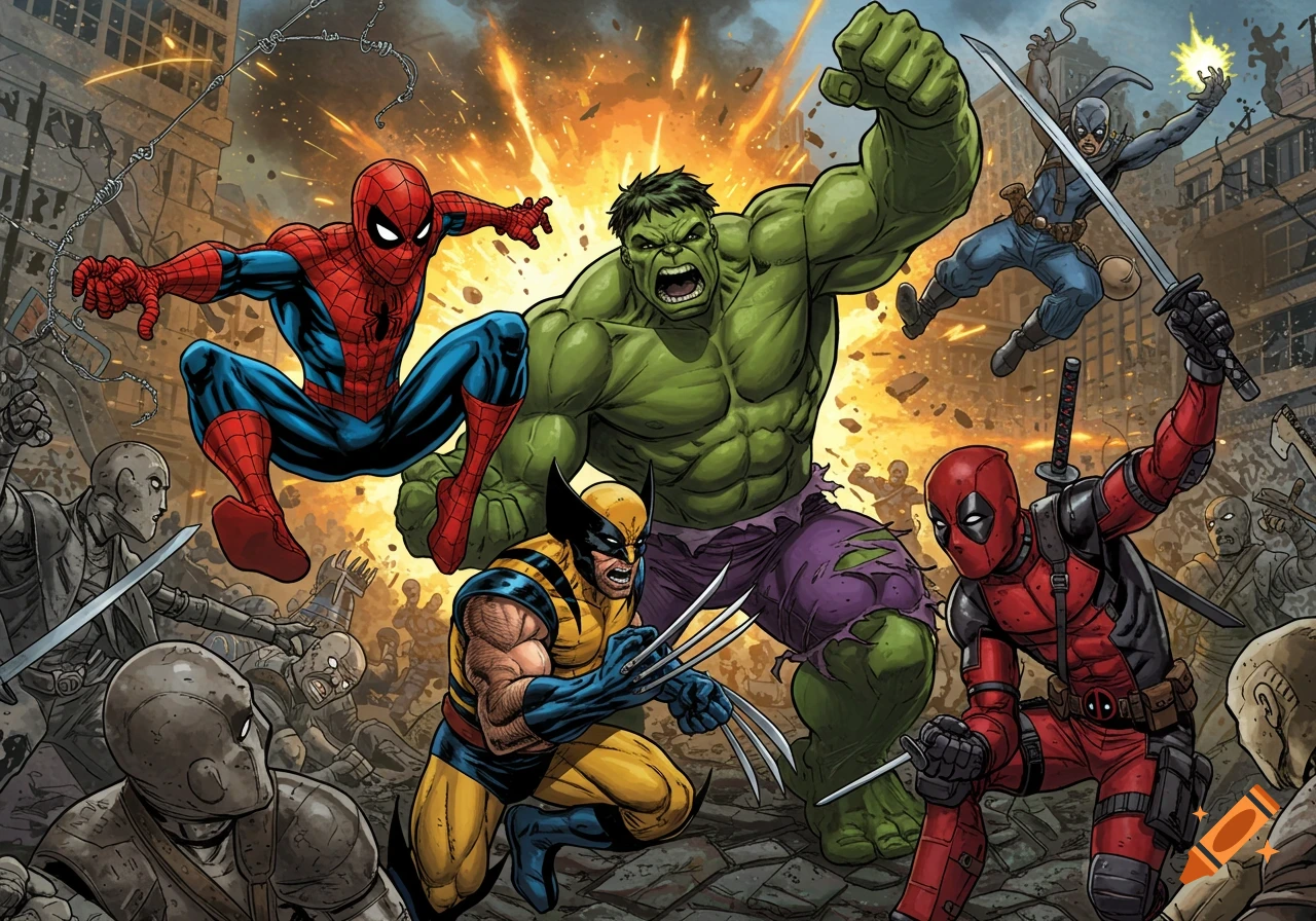Comic book style illustration of Spiderman, Hulk, Wolverine, and Deadpool fighting in a destroyed city.